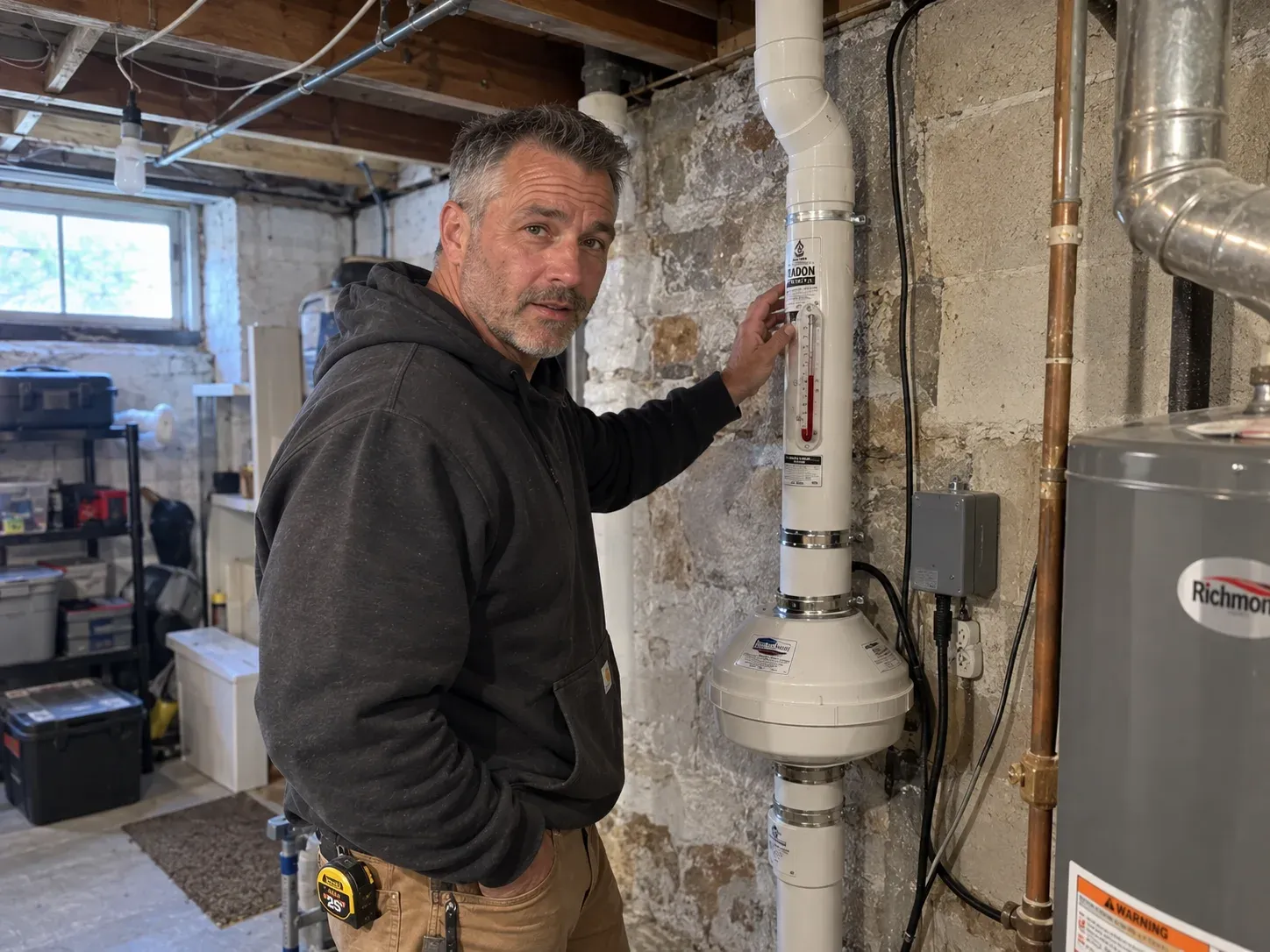 Dan Jenkins beside a radon mitigation system in a basement